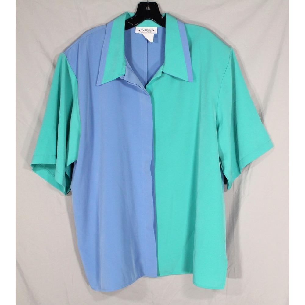 VTG ANASTASIA Blue/Green COLORBLOCK Hidden Button-Up SATIN Blouse/Shirt/Top 2X